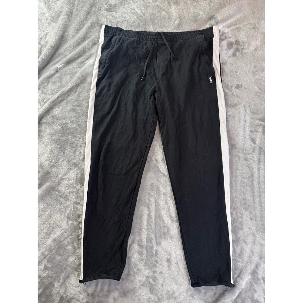 Polo Ralph Lauren Track Pants Mens L Black White Stripe Zip Cuffs Sweatpants